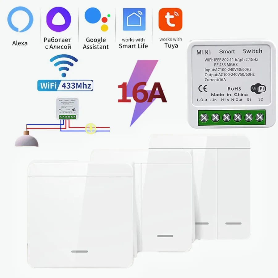 16A Tuya Smart WiFi Switch For Lighting RF 433MHz Wireless Switch Smart Life APP Voice Control Work With Alexa Google Home Alice