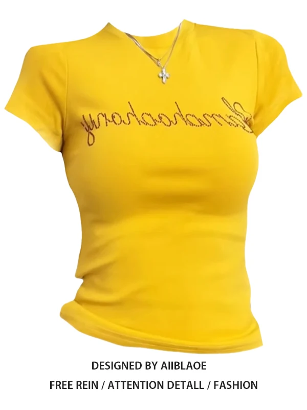 plus Size Women's ort Sve T-irt Diamond Embellied Slim Fit Waist Cinched oulder Length Summer New Design Top