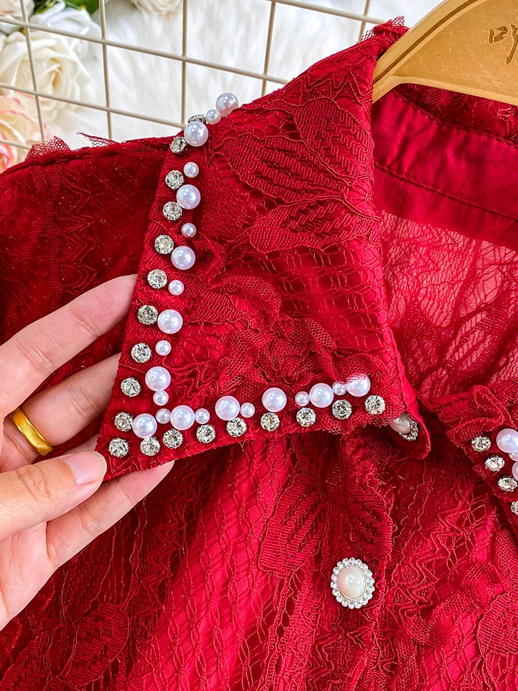 Damska bluzka koronkowa w stylu pałacowym, lekki luksus, wyrafinowana, zdobiona diamentami, z koralikami, koszula z klapami, delikatny różowy koronkowy top BL233