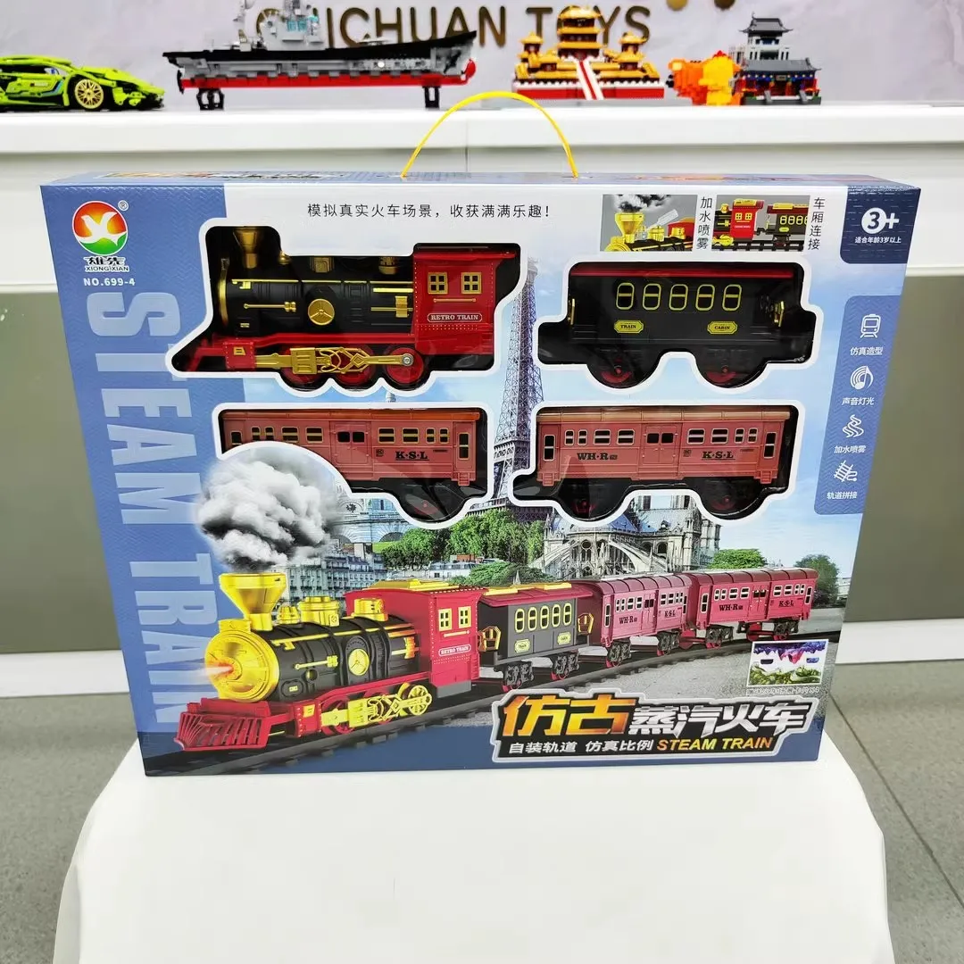 Spray Classical Steam Train Electric Model Train Track Set With Sound And Light Rail Train Toys Children