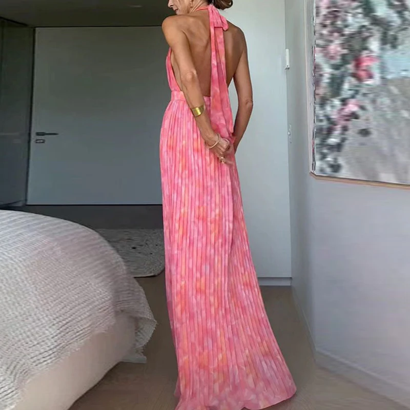 

Fashion Contrast Color Sleeveless High Waist Party Dress Casual Vacation Bow Swing Dress Sexy Deep V Backless Tie-up Fold Dress