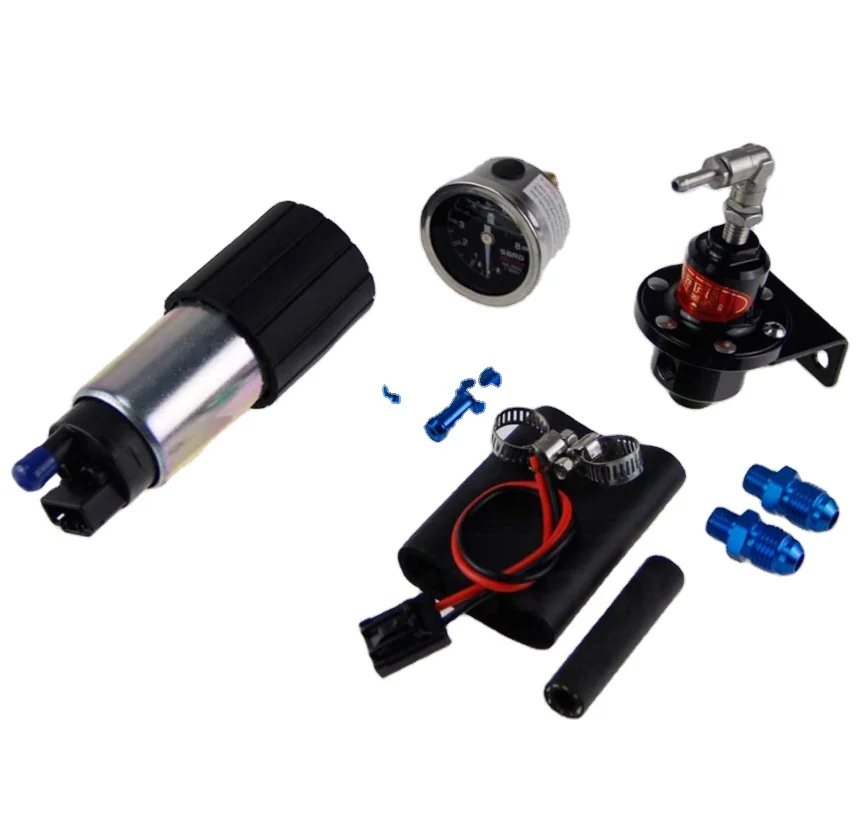 255 LPH EFI Fuel Injection Pump/Tank +140 PSI Pressure Regulator+Oil Gauge Kit Black/Blue/Red