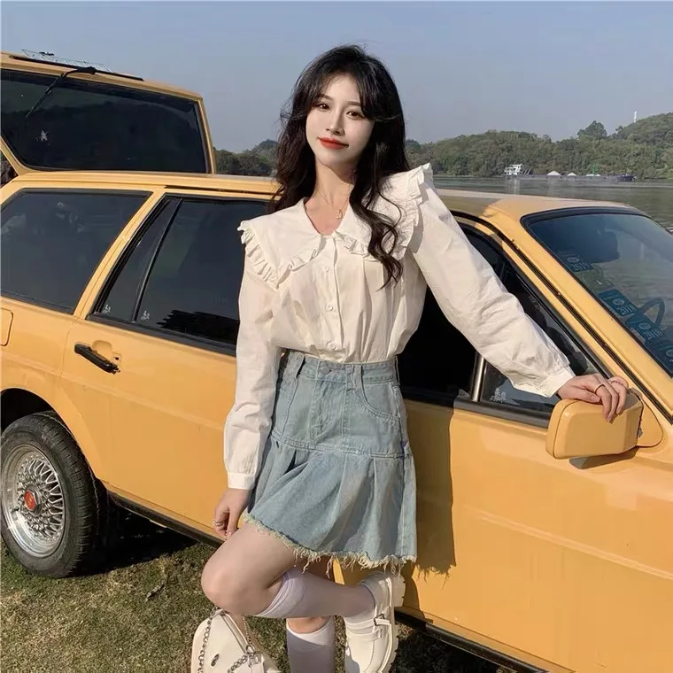 

Весна 2024, свободный корейский женский универсальный топ с кукольным воротником, милый однотонный топ на пуговицах, длинный све