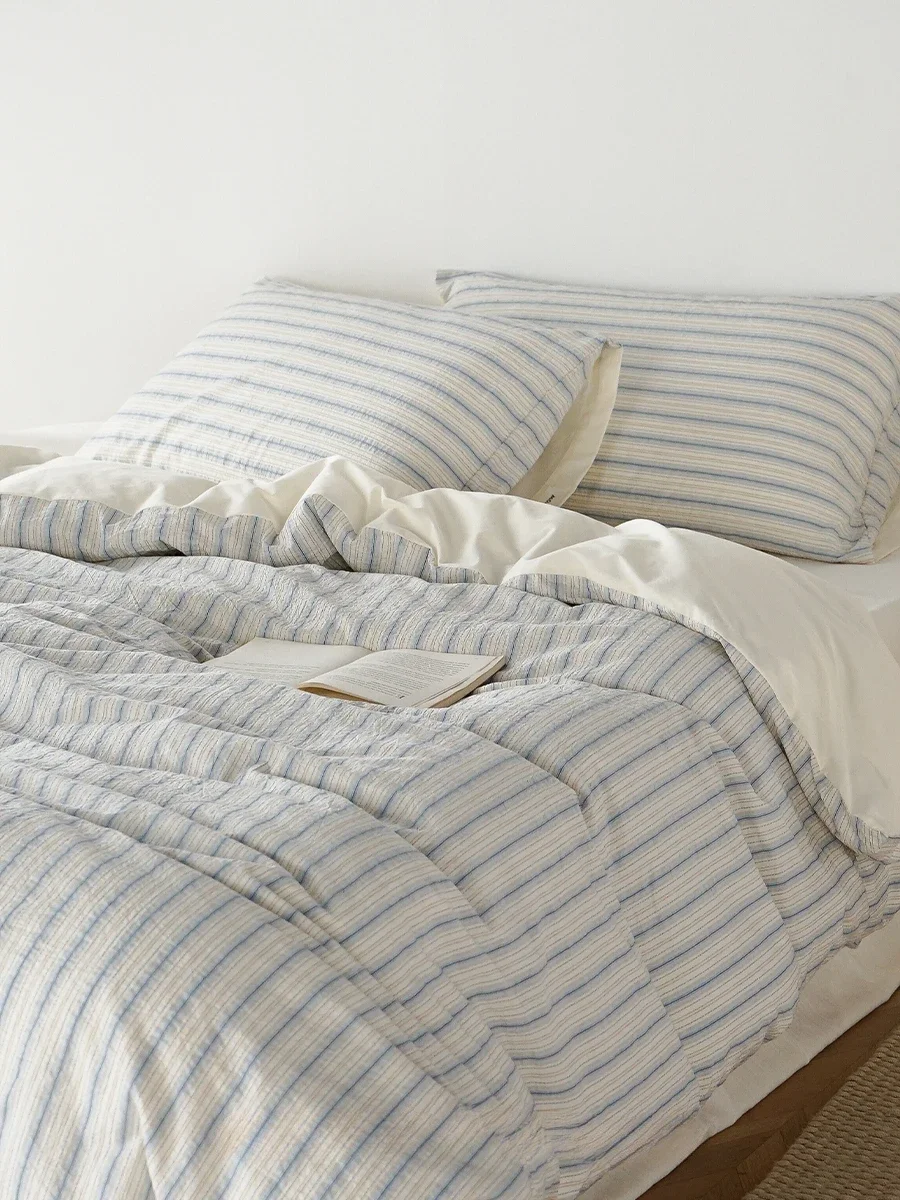 Three-dimensional texture blue stripes small fresh pure cotton 100 cotton four-piece set