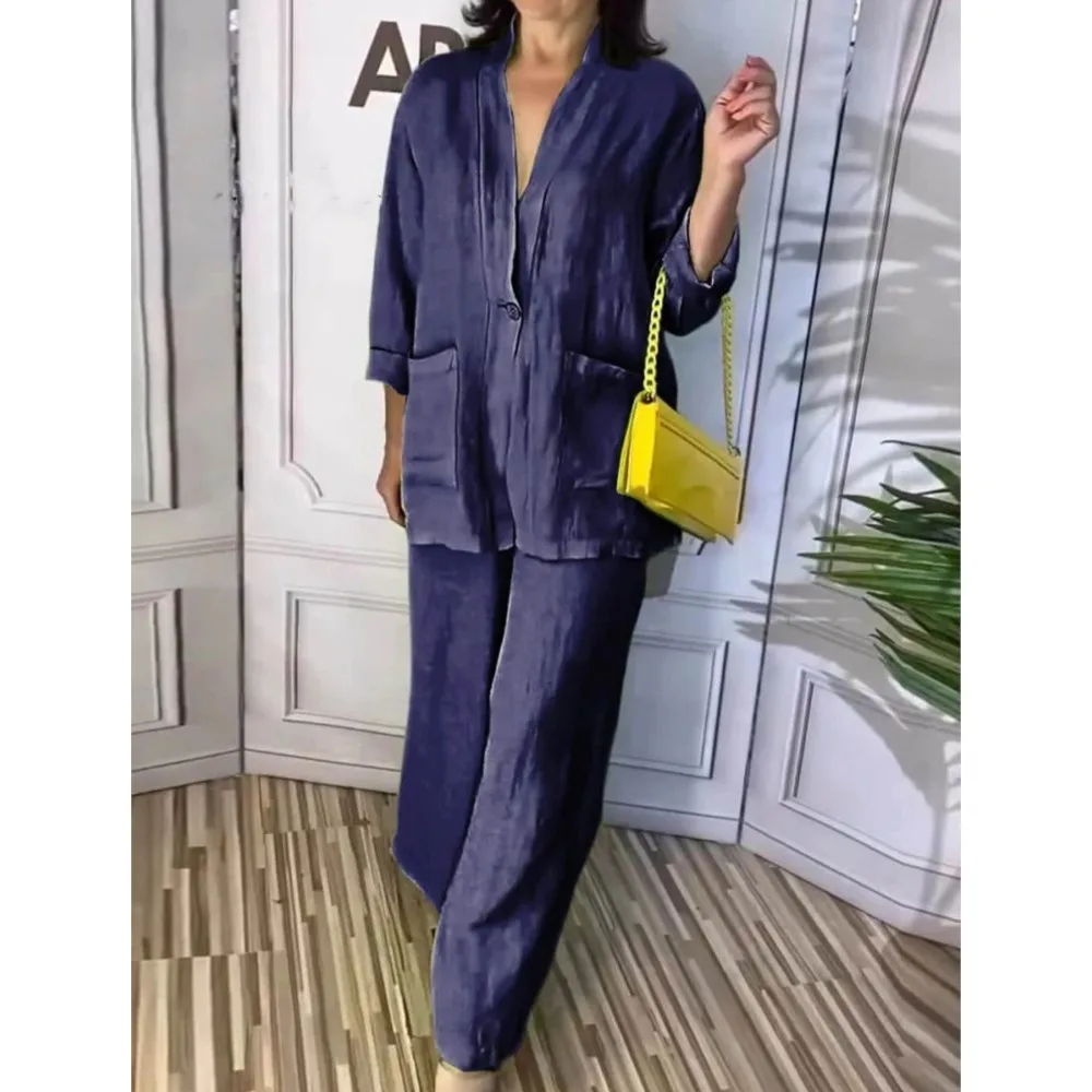 

Casual Fashionable V-neck Solid Color Single-button Pocket Lady Two-piece Set Spring Summer New Elegant Long Pants Women Set2025