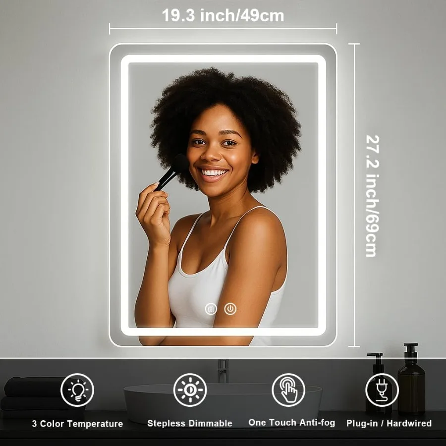 مرآة حمام بإضاءة خلفية LED مقاس 19 × 27 لتطبيق الحلاقة والمكياج مع تقنية بدون ضباب، تصميم مثبت على الحائط قابل للتعتيم 3 C #2
