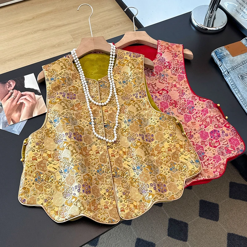 New Chinese Style Autumnal Hanfu round Neck Heavy Embroidery National Style Lace Hem Shoulder Pad Versatile Vest Women's Fashion