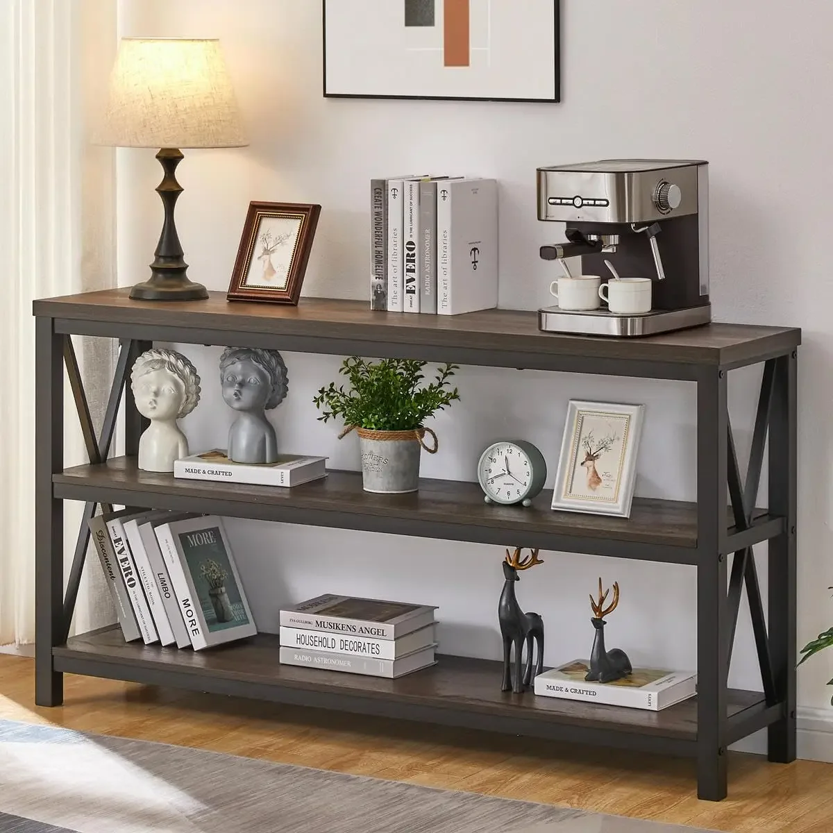 Console Table for Entryway, Farmhouse Sofa Tables Behind Couch, Rustic Wood and Metal Foyer Table with 3-Tier