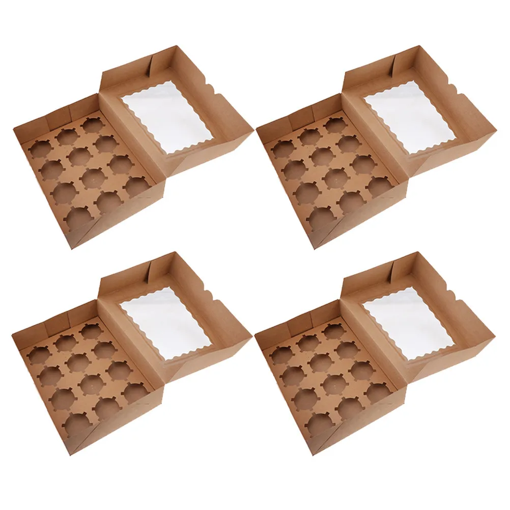 4Pcs 12-Count Sleek Kraft Paper Cupcake Boxes Elegant Food-Safe Dessert Containers for Birthday Party Wedding Favor Storage
