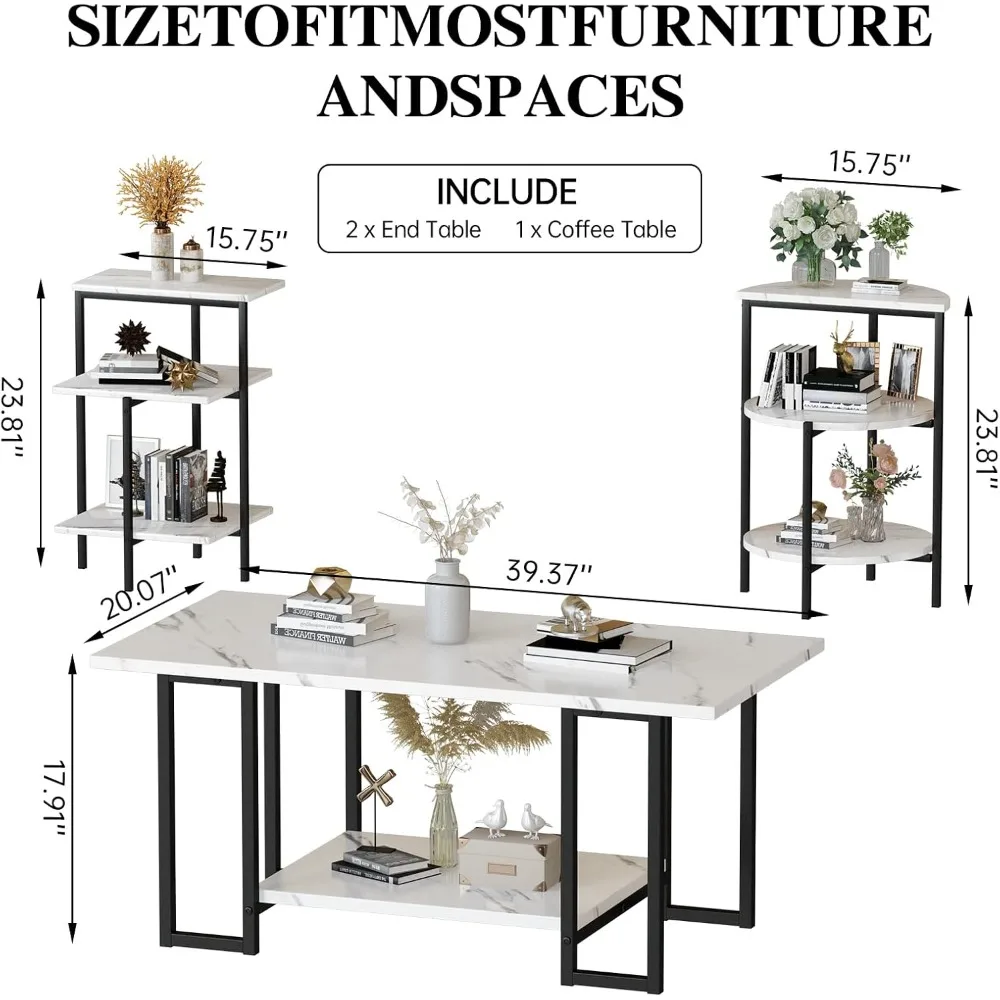 3-Piece Lamerge Coffee Table Set: Rectangular Table with Two Faux Marble Accent Tables for Living Room