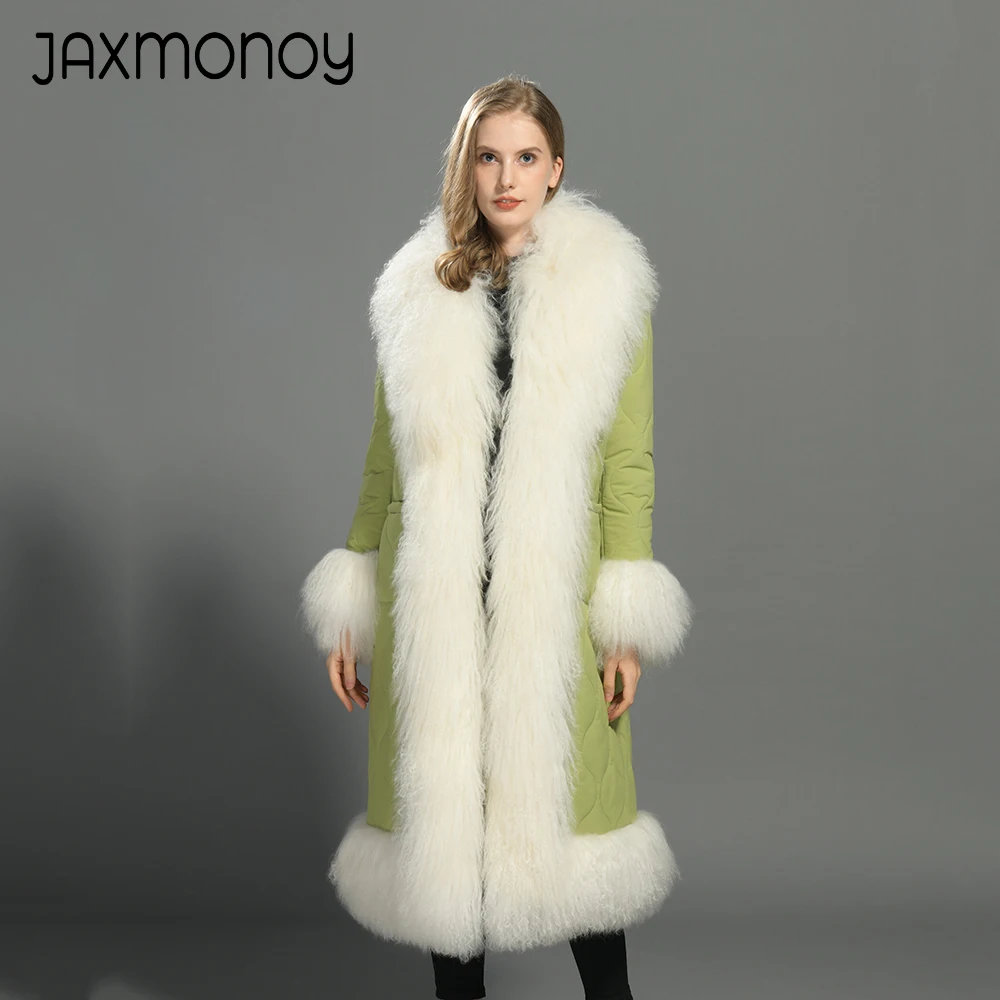 

Jaxmonoy Women's Long Jacket Real Mongolian Sheep Fur Trim Winter Coat Ladies Warm Overcoat Fashion Outerwear 2024 New Arrival