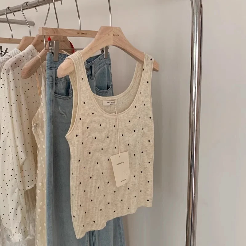 Polka Dot Knitted Wide Shoulder Strapless Vest Cover Side Breast Summer Top for Women Loose Fit Casual Style Thin Material