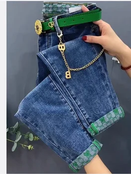 Blue Plus ขนาดกางเกงยีนส์ฤดูใบไม้ผลิฤดูใบไม้ร่วงใหม่แฟชั่นสบายๆเอวสูงยืดตรงกางเกง Slim-Fit Elegant Edge Curl Harem กางเกง