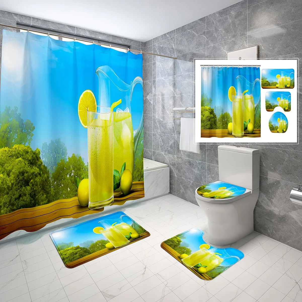 4-Piece Set Lemon Theme Shower Curtain with Hook Non-Slip Bath Mat,Toilet Lid Cover Delicious Fruit Shower Curtain Set