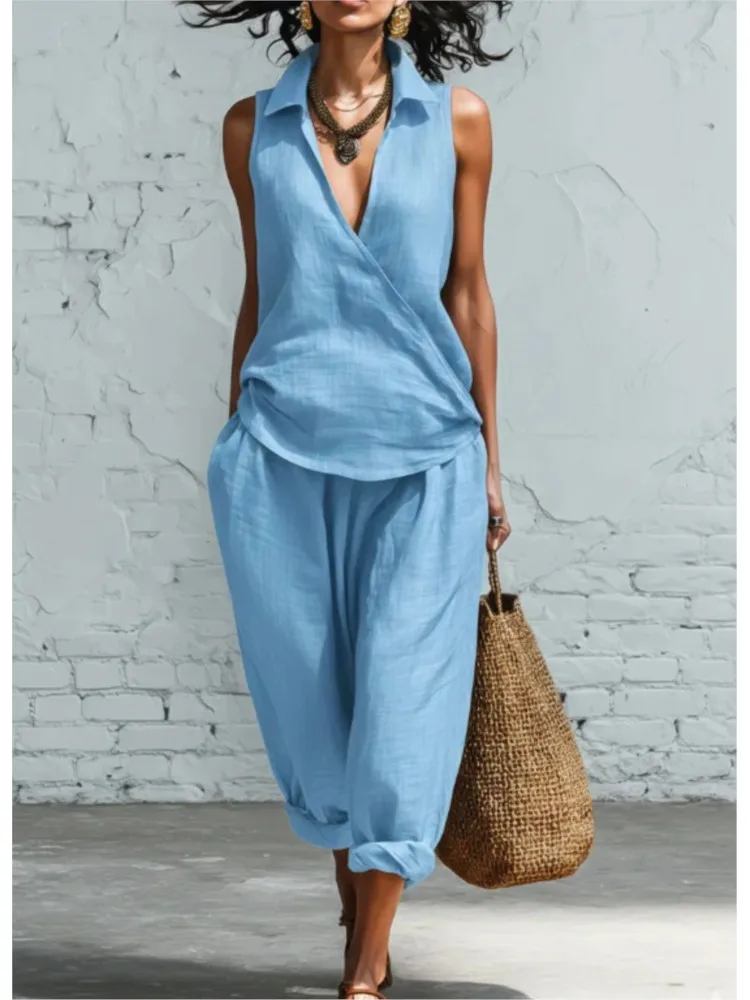 V-neck Sleeveless Top Wide-leg Trousers Suit 2026 Spring Retro Solid Color Suit Women's Elegant Sleeveless Summer Two-piece Set