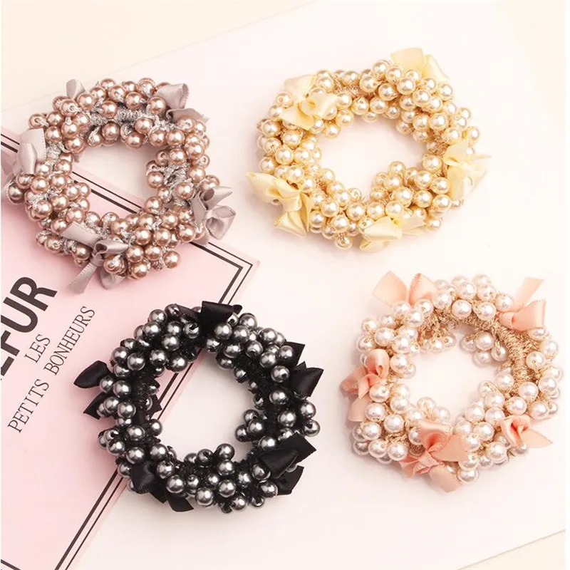 Fashion Elegant Lady Rubber Band Rope Pearl Hair Ring Girls Beaded Scrunchies Bands Ponytail Hair Accessories Elastic Headband