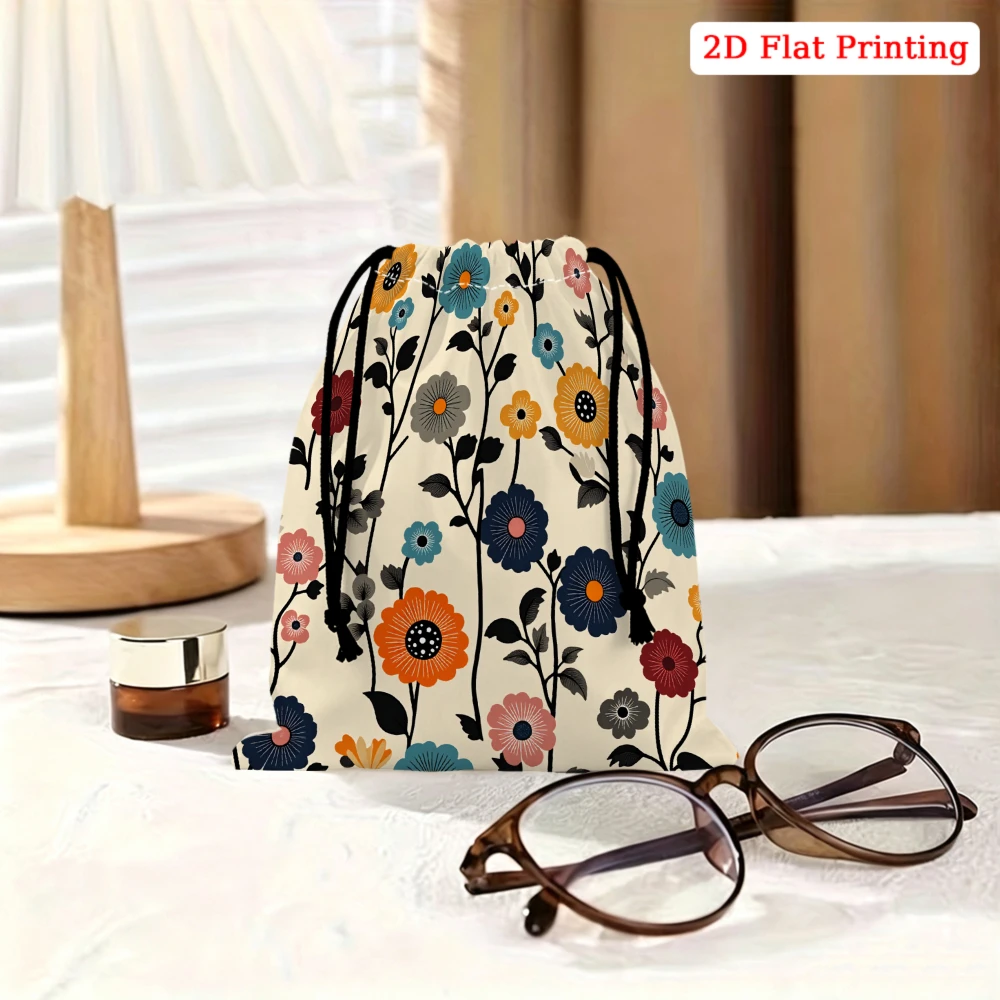 1pc Floral Drawstring Bag Cream Multicolor Flower Print Storage Small Pouch For Glasses Cosmetics Travel Organizer Portable