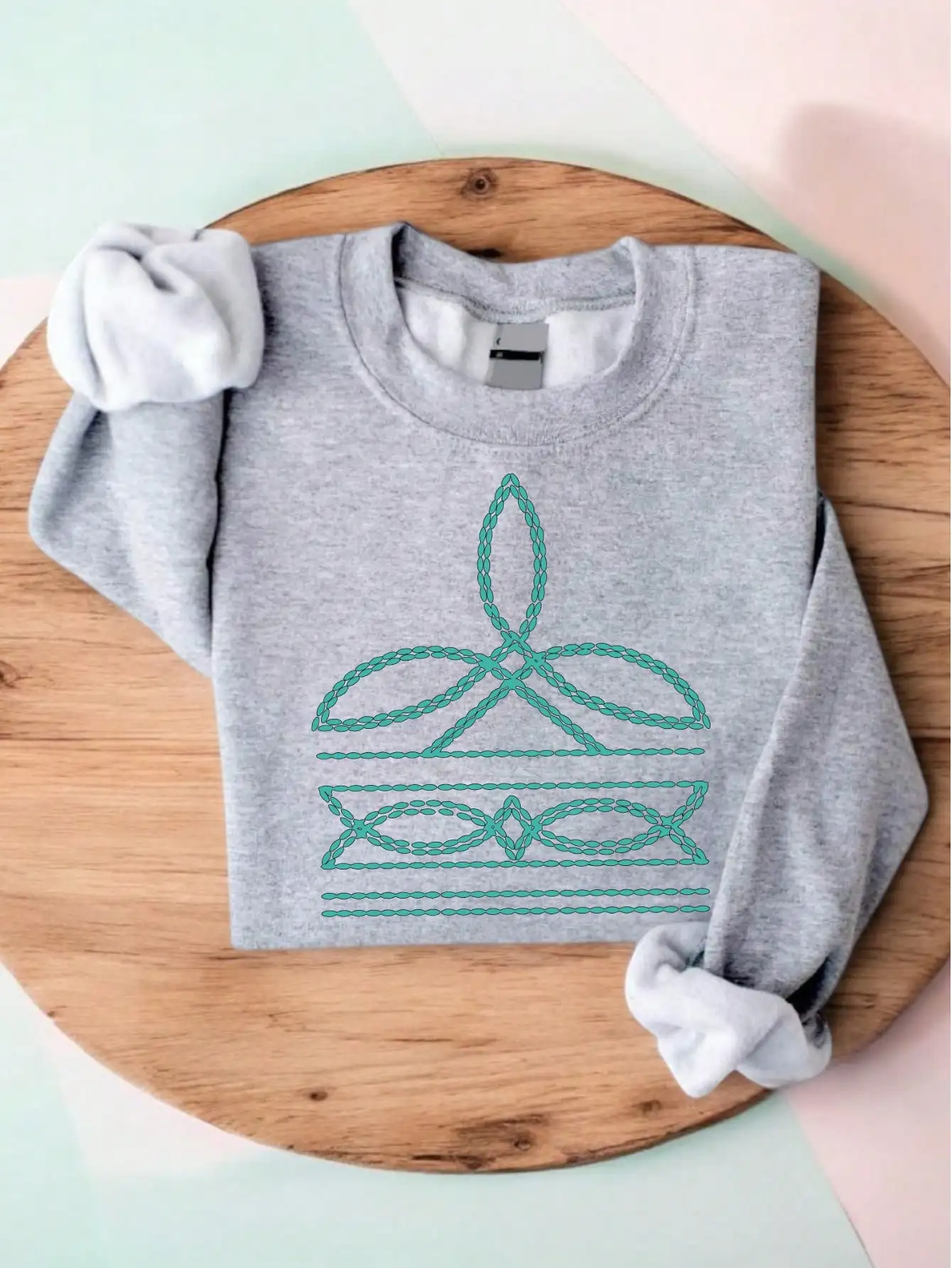 Turquoise Rope Stitch grafisch sweatshirt met ronde hals voor dames, Country Western-stijl, casual pasvorm