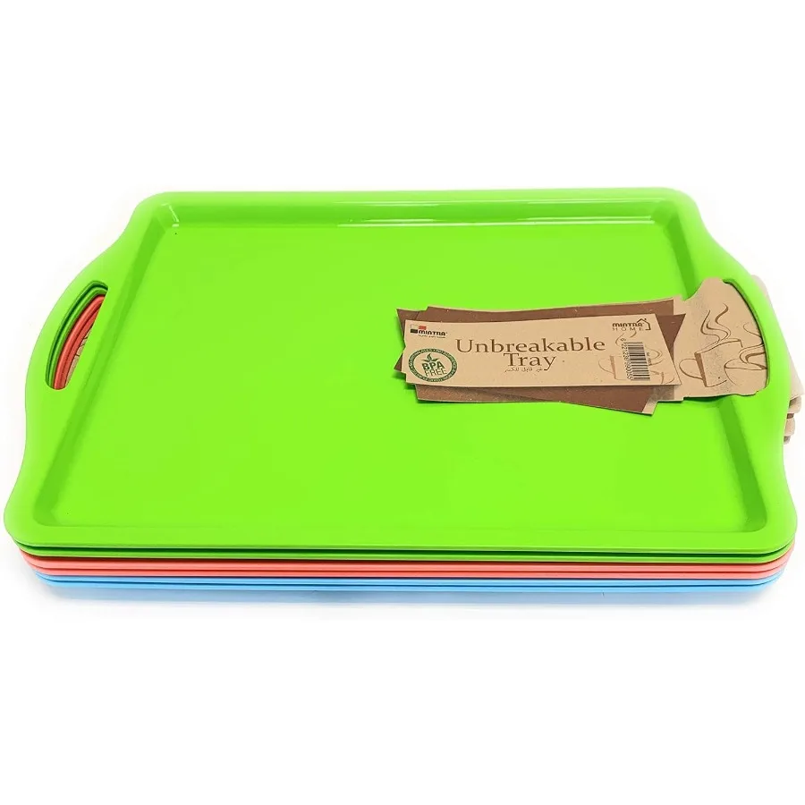 

Unbreakable Plastic Rectangular Serving Tray - Assorted 6PK - Platter with Handle, 14 Inch, Heavy Duty, Large Capacity, Kitchen,