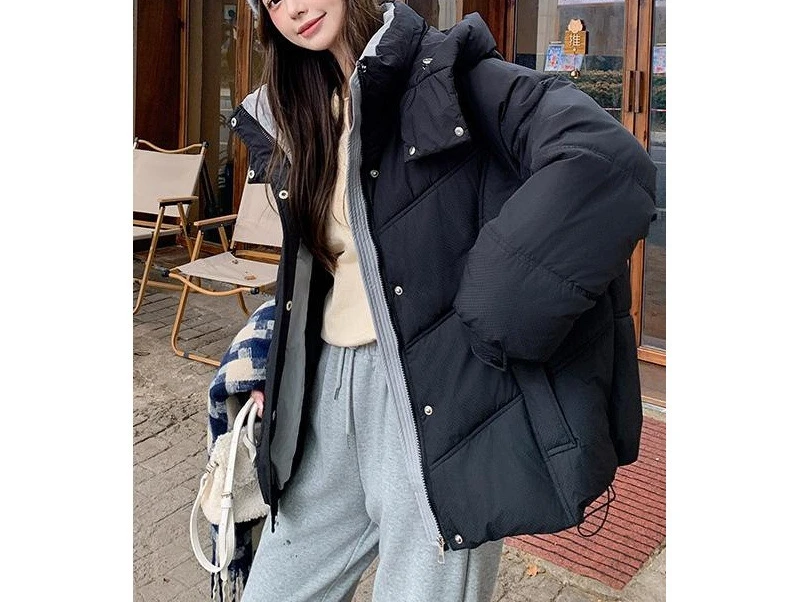 Down and Cotton Jacket Women's Winter New Short Fashionable Loose Hooded Color Blocked Thick Coat