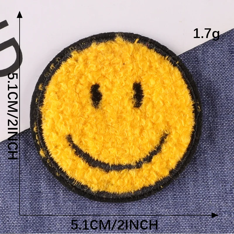 5Pcs Yellow Smiling Face Chenille Towel Embroidered Iron On Patches For on Hat Jeans Sticker Sew-on Fashion Clothes Applique