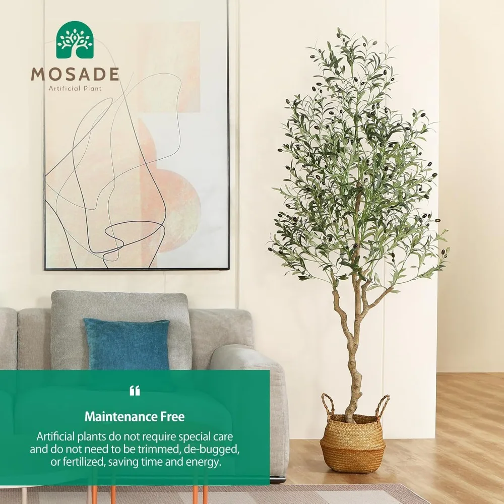 Oliveira artificial de 7 pés com folhas de seda e cesta de ervas marinhas artesanal, topiária falsa alta ideal para decoração de casa