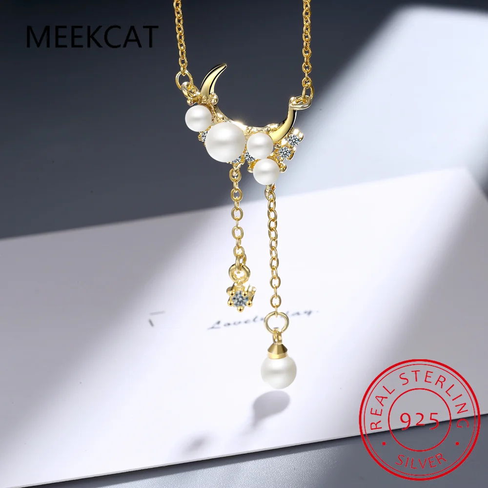 925 Sterling Silver Star Moon Imitation Pearl Tassel Chain Necklace for Women Light Luxury Clavicle Chain Party Jewelry