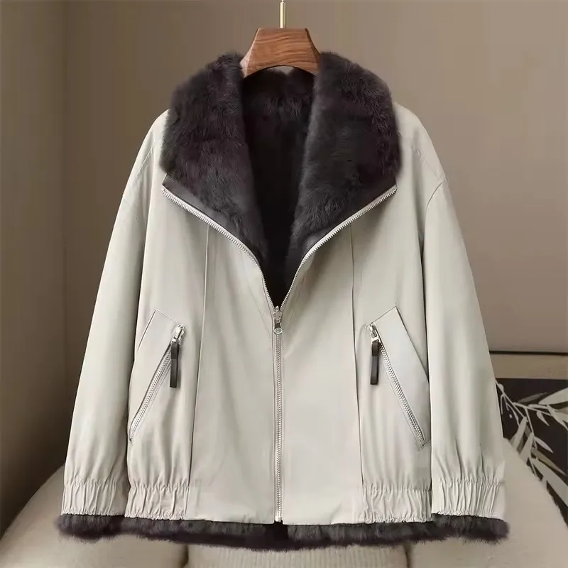 

2025 High-quality Faux Rabbit Hair Fur Parka Women's Autumn Winter Outdoor Coat Two-sided Wear Jacket Loose Outerwear Streetwear