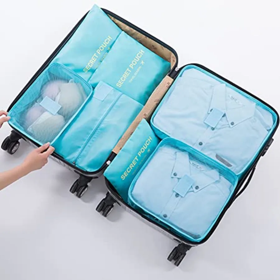 

7 Set Packing Cubes Travel Foldable Luggage Organizers Storage Bag Accessories Suitcase with Laundry Bag Shoe Bag Blue