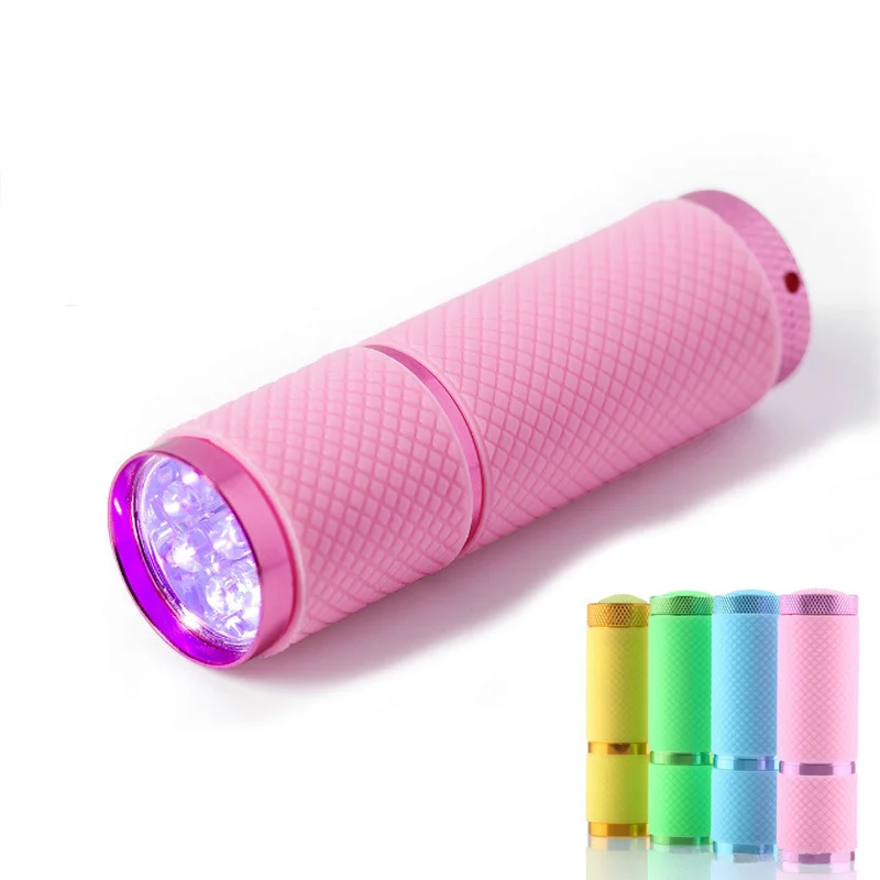 

60 шт. 9 светодиодов мини-фонарик из полиуретана из алюминиевого сплава портативный водонепроницаемый фиолетовый свет с сухой батареей для наращивания ногтей