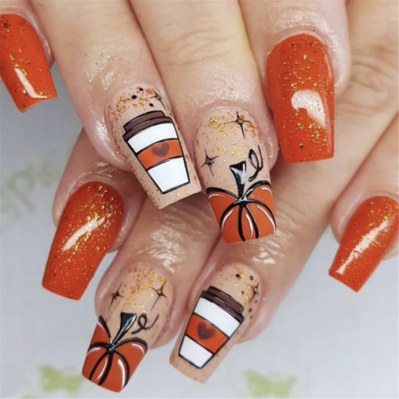 E1YE Fall Pumpkin Thanksgiving Press on Nails Short Almond False Nails With Designs Full Cover on Nails Decoration