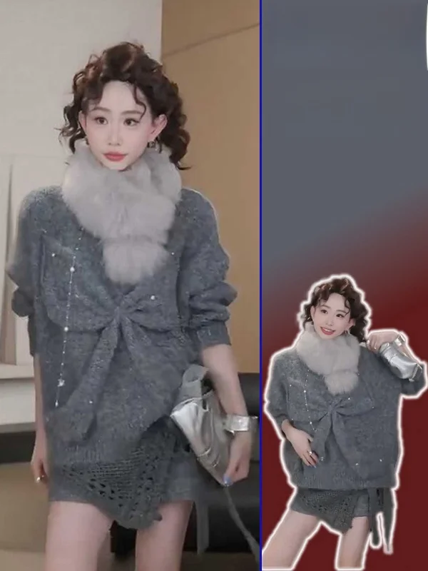 

plus Size Knitted Sweater And High Waist orts Set with Knot Design Heavy Embelliment Comfortable French Sle F...