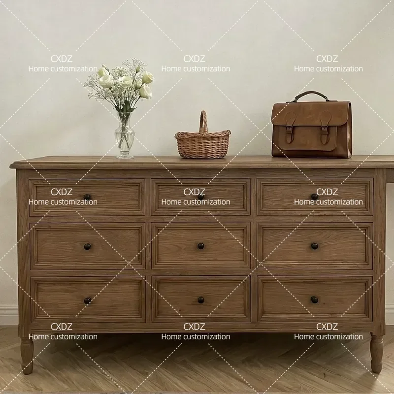 American Retro Solid Wood Dining Side Cabinet Living Room Multi Functional Drawer Storage Unit Medieval Log Color Locker for