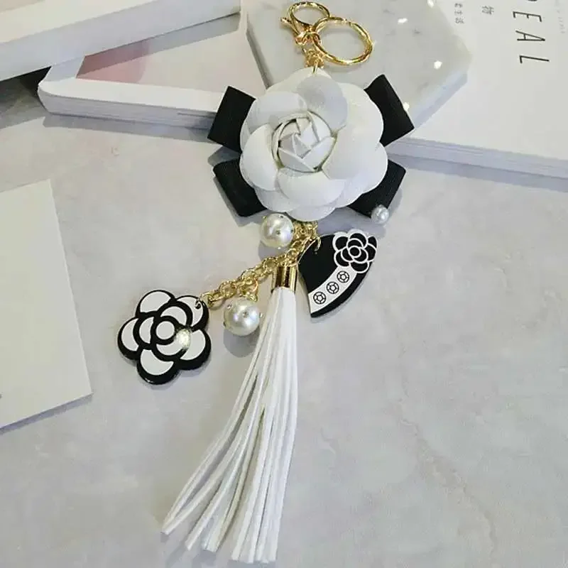 Korean Trendy Leather Bag Camellia Keychain Long Tassel Car Hanger Flower Key Chain Element Jewelry Hanger