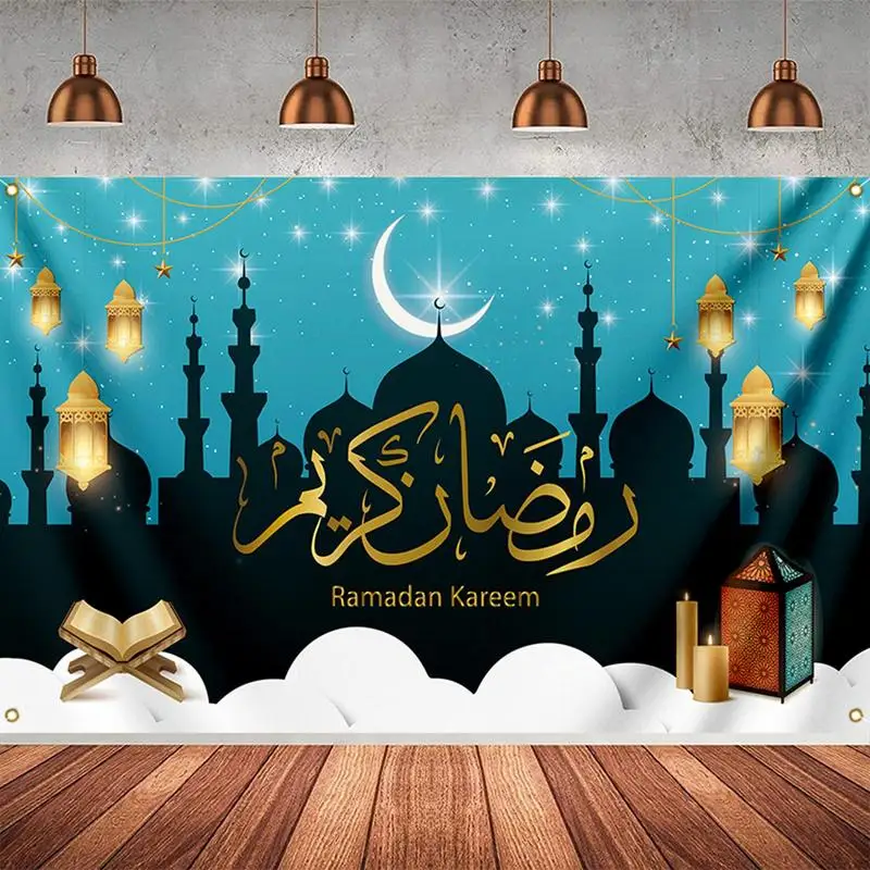 Telón de fondo con temática de Eid, cartel de 70,86x43,30 pulgadas con temática de templo, cielo, estrellas, Luna, adornos de escritorio, papel tapiz de regalo