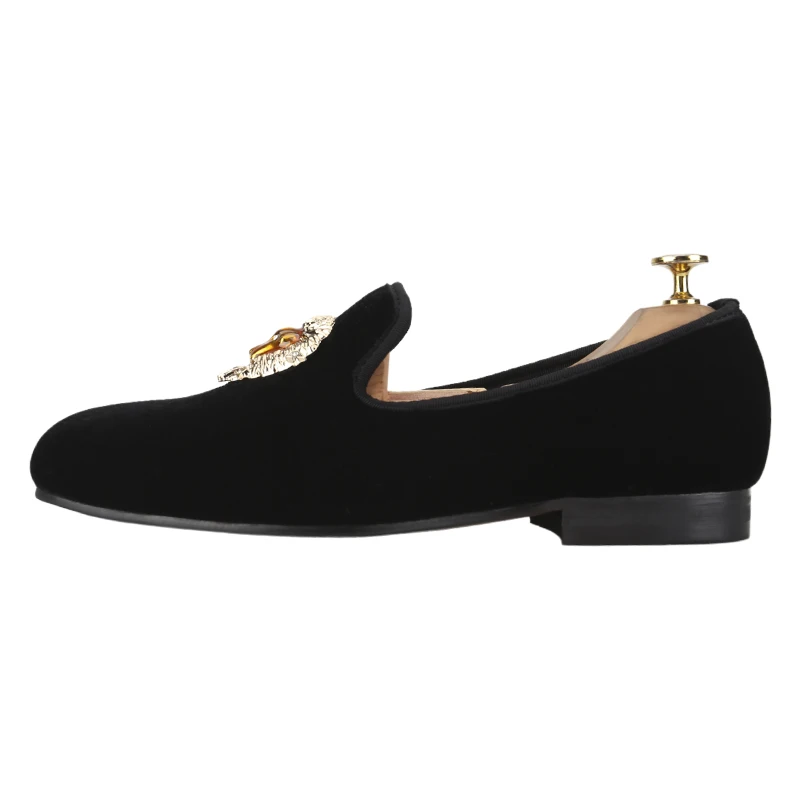 Piergitar Rhinestones Lion Head Buckles Of Black Velvet Slip-On Shoes For Party And Prom Wear Handmade Men's Loafers Plus Size