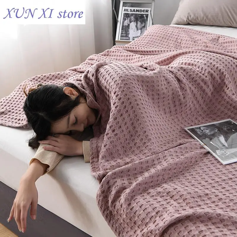 

Summer Waffle Plaid Cotton Bed Blanket Throw Thin Quilt Knitted Bedspread Home Hotel Coverlets Green Pink Throw Blankets