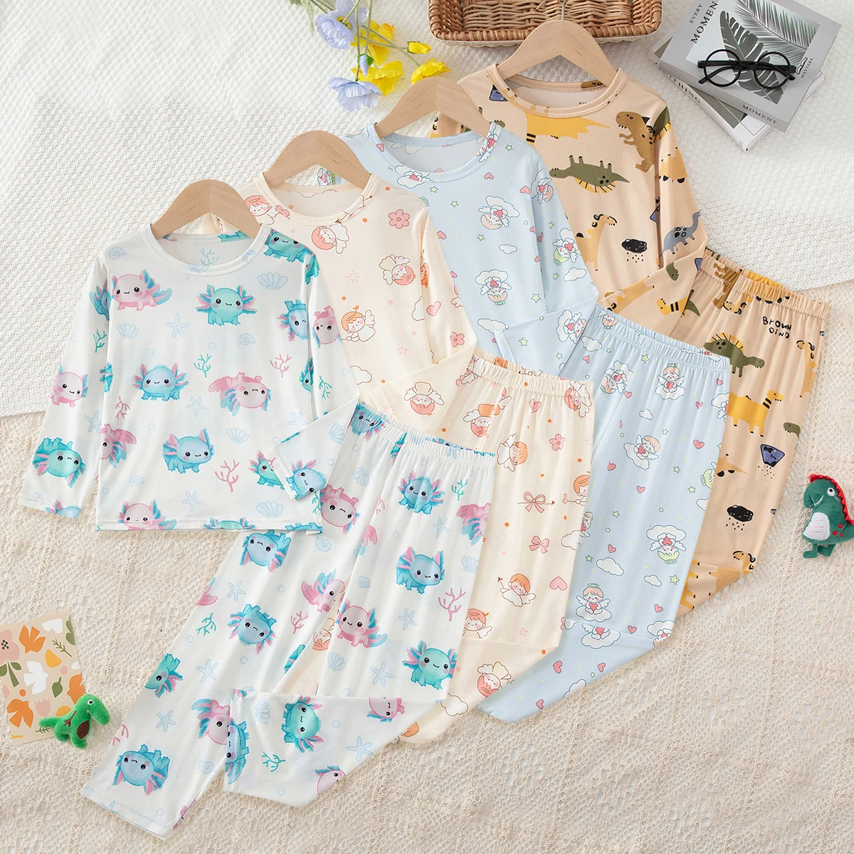 2-piece Set for Autumn/Winter Children Slim Fit Fully Printed Cartoon Home Set Boys And Girls Long Sleeved Long Pants Sleepwear