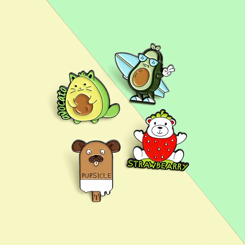 Anime Enamel Pins Dog Popsicle Avocado Cat Bearberry Brooches Backpacks Hat Fruit Lapel Badge Jewelry Gift for Friends Wholesale