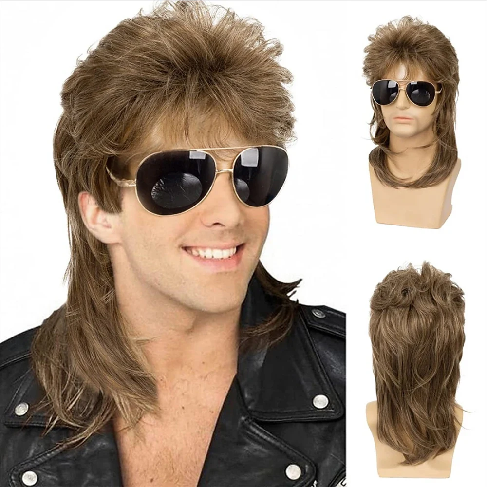 HAIRJOY Sallcks Mens Mullet Wigs Synthetic Hair Curly 70s 80s Retro Cosplay Costume Wig Rocker Disco Fancy Show Wigs