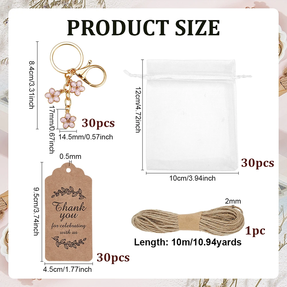 30 Sets Flower Keychain Party Favor Pink Floral Keyring Organza Gift Bags Guest Return Favors with Thank You Tags and Jute Cord
