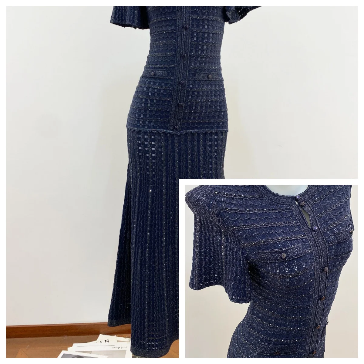 

Asian Size Navy Blue Knitted Dress Women 2026 New Round Neck Short Sleeve Slim Fit Luxury Silk Bright Temperament Fashion Dress