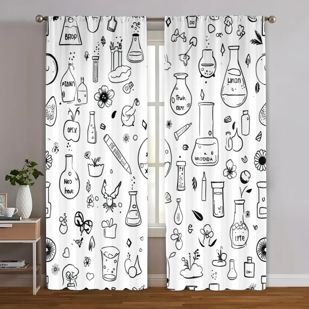 2pcs, Contemporary Curtains Black and white floral pattern Machine Washable (without rod) Thermal Insulation, and Room Darkening