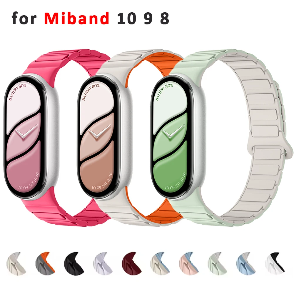 Magnetisches Silikonarmband für Xiaomi Band 10, Band 9, 8 NFC Armband, weiches, komfortables Armband für Mi Band 10, Smart Band 9, 8 Zubehör.