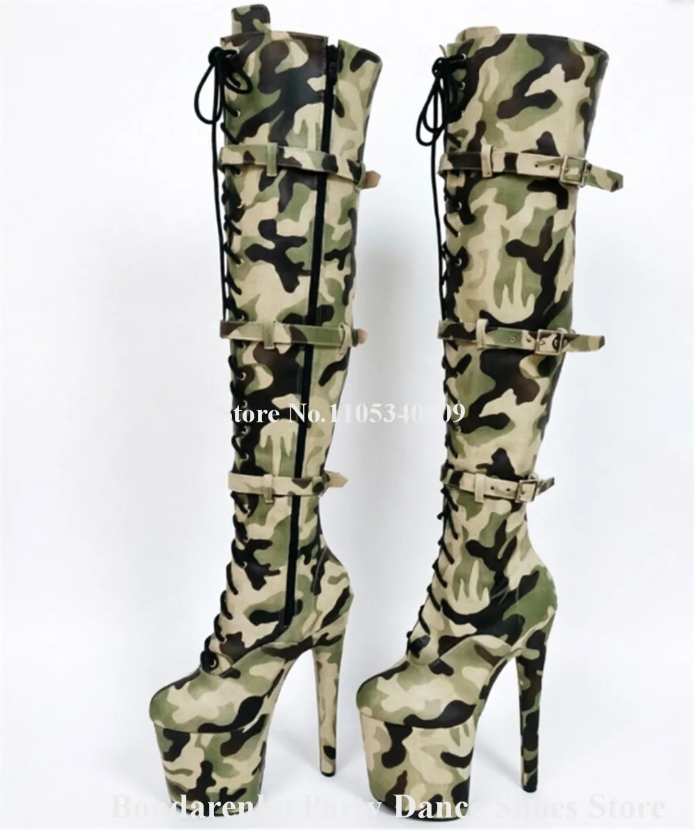Bondarenko Sexy Green Stieltto Heel Over Knee Boots Round Toe Slim Style Buckles Straps High Platform 20cm Thin Heel Dance Shoes