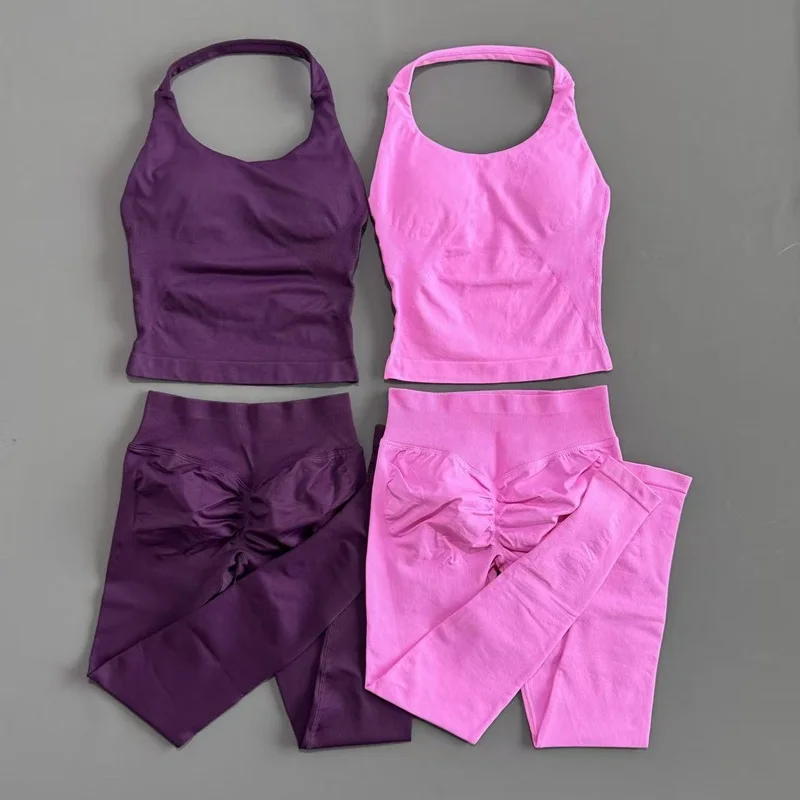 HISTELLO 2 Piece Yoga Set Women Seamless Padded Sports Crop Top Butt Lifting Leggings Stretch Breathable Suit Gym Workout Outfit view 5