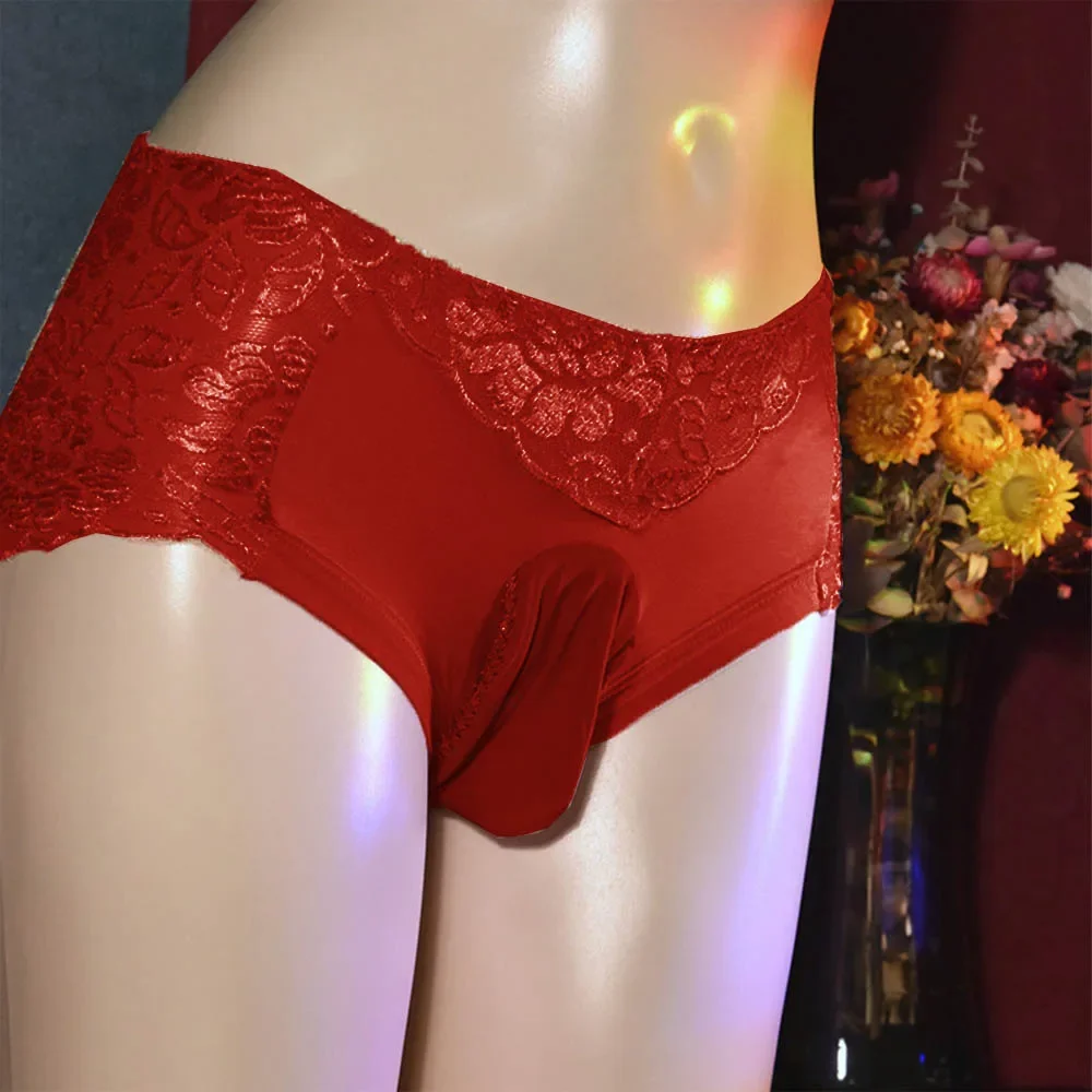 Men Lace See-Through Underwear Sexy Sissy Bugle Pouch Briefs Thin Hollow Out Thong Panties Breathable Brief Erotic Hombre