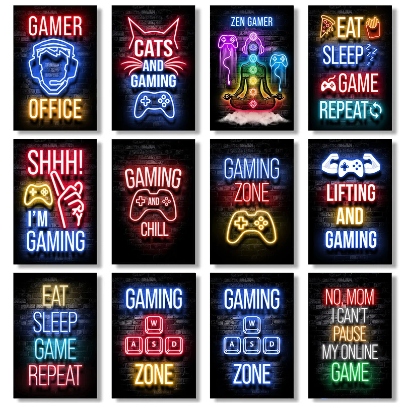 Neon Art Game Decoration Poster Gamer Quotes Canvas Painting Prints Wall Art Pictures for Kids Boys Games Room Decor Gift No LED