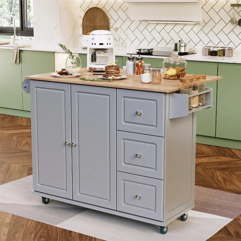 Rolling Kitchen Island on Wheels with Drop-Leaf, Mobile Kitchen Island Cart with 3 Drawers Storage Cabinet, Wood Countertop