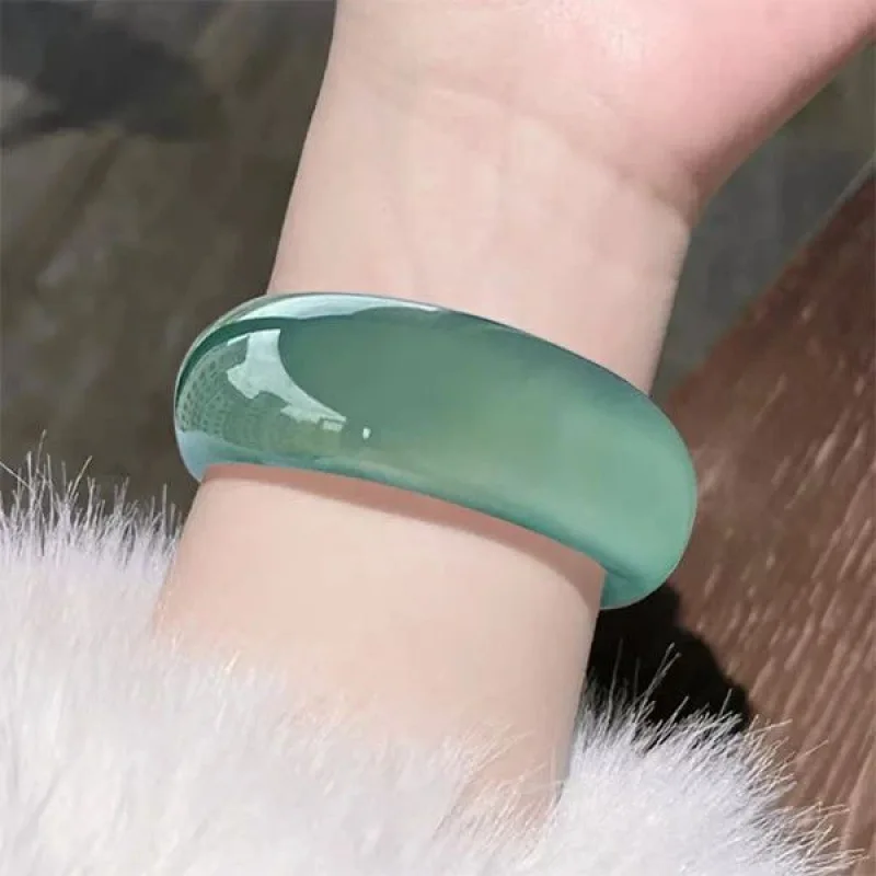 Wide chalcedony bracelet  oil green translucent jade bangle